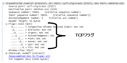 パケット詳細部（TCPフラグ）