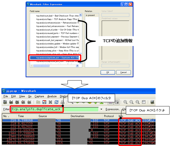 パケット詳細部（[TCP Dup ACK]追加情報があるパケットをフィルタ）