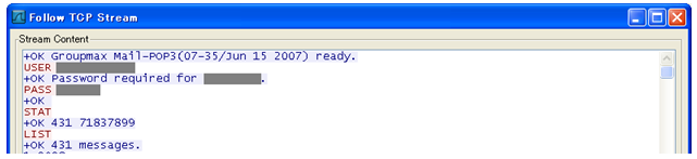 POP3の認証のTCPストリーム